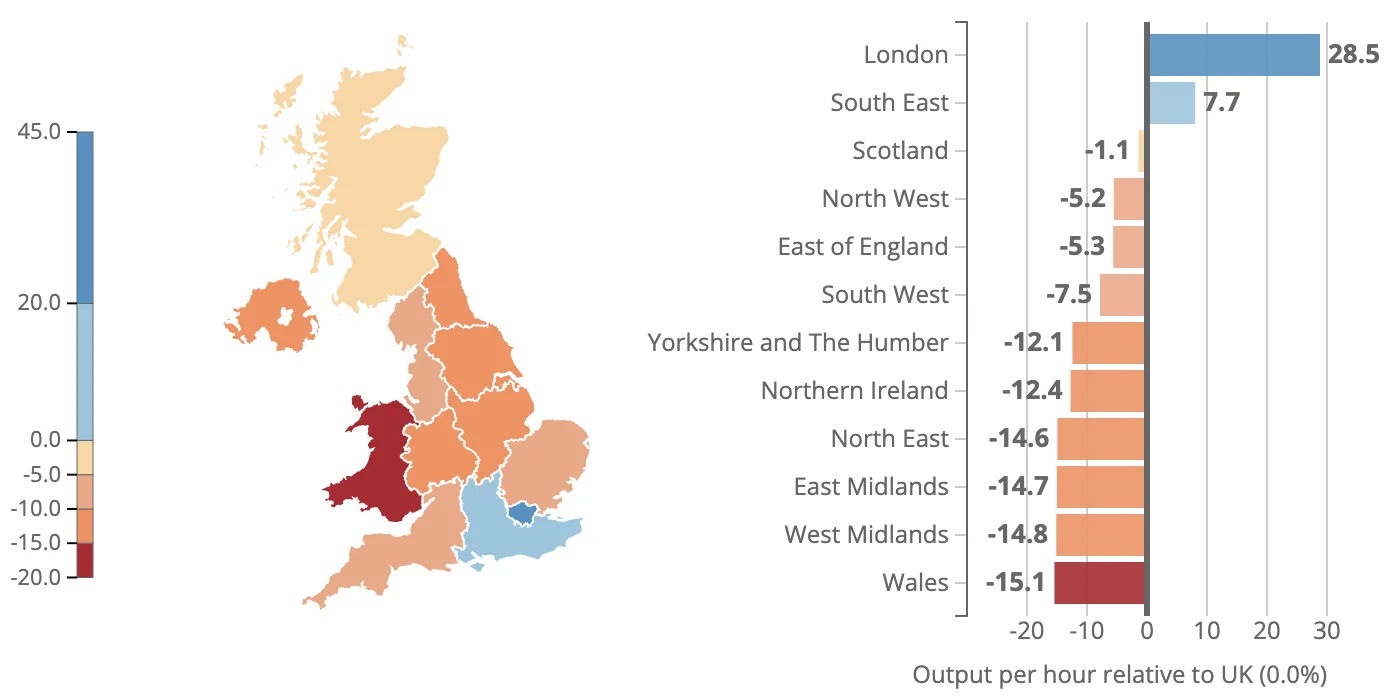 Output per hour worked by International Territorial Level 1 region relative to the UK average, UK, 2023